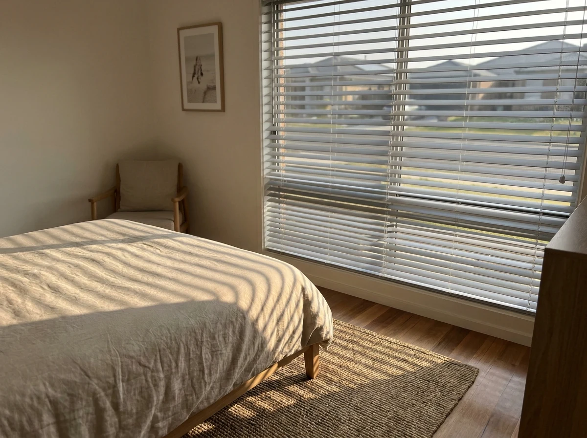 Aluminium venetian blind in a bedroom, horizontal slats tilted to throw soft morning light bars across the bed