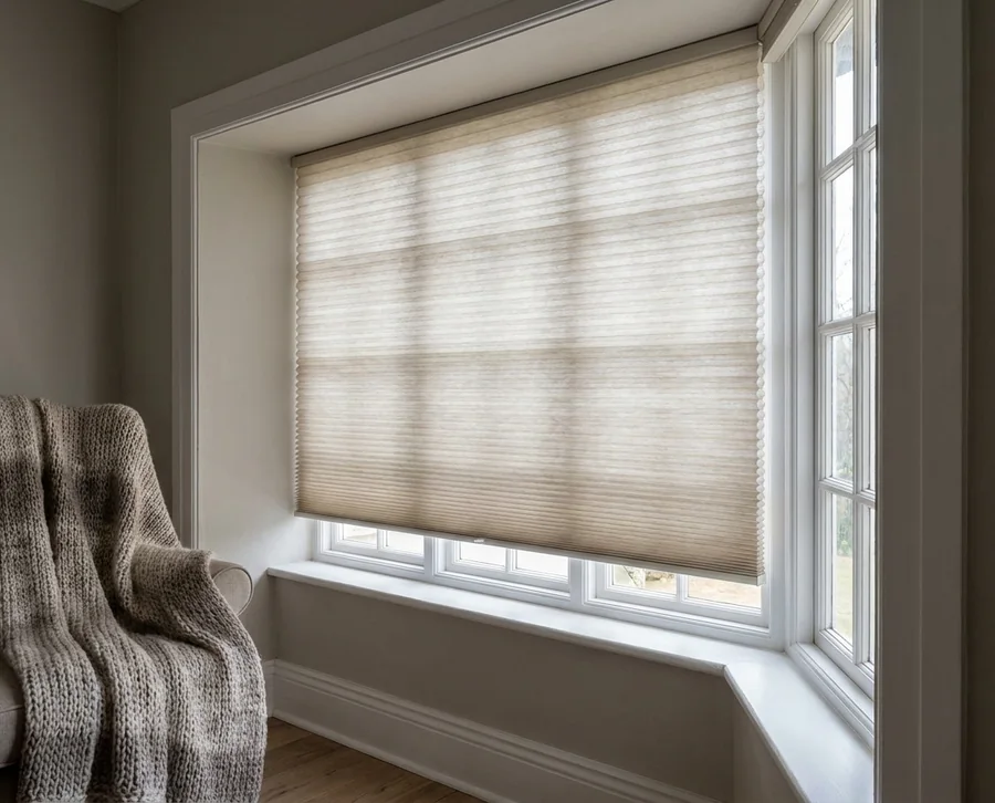 Oatmeal cellular honeycomb blind lowered inside a bay-window reveal, pleated air cells softening cold Northcliff morning light