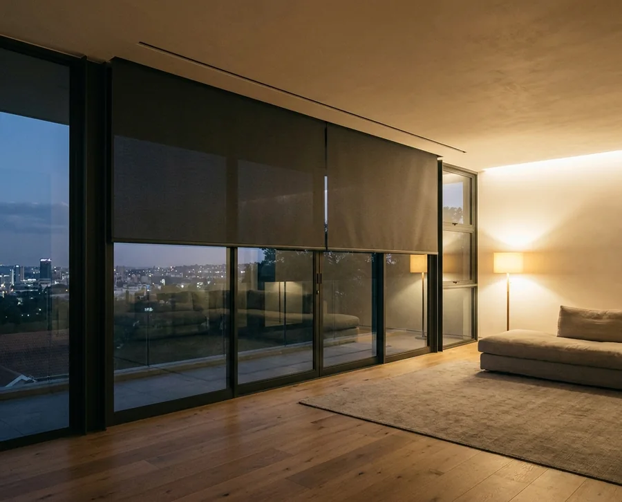 Charcoal roller blinds emerging from a concealed ceiling slot above full-height glass at dusk, no headbox visible, city lights beyond the ridge