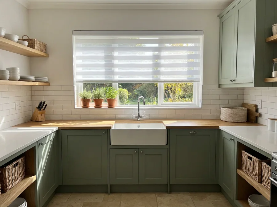 Day-night blind above the sink window of a sage-green Northcliff kitchen, its sheer and solid bands offset to stripe the midday light