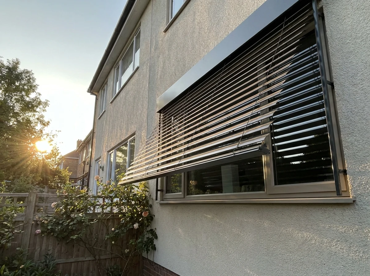 External venetian blind fitted outside an upstairs bedroom window, wide aluminium slats angled against strong afternoon sun