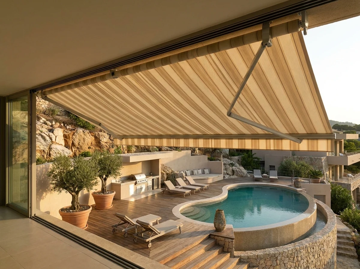 Folding-arm awning extended over a poolside entertainment deck, fabric canopy carried on articulated arms