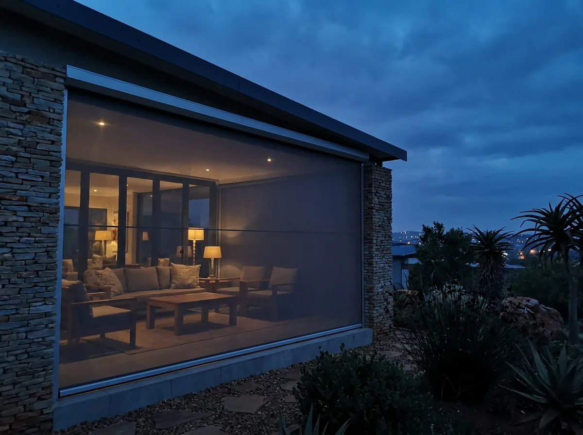Zip screen lowered between the stone-clad columns of a ridge patio at blue hour, the lit lounge still showing through the taut mesh